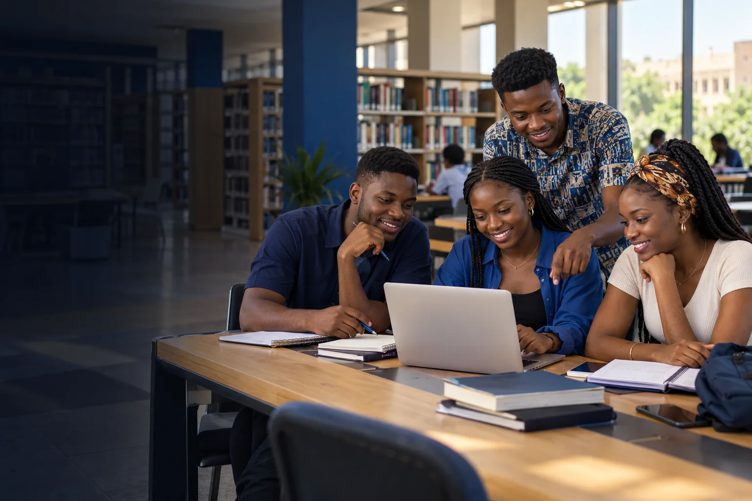 Nigerian students working together in a library